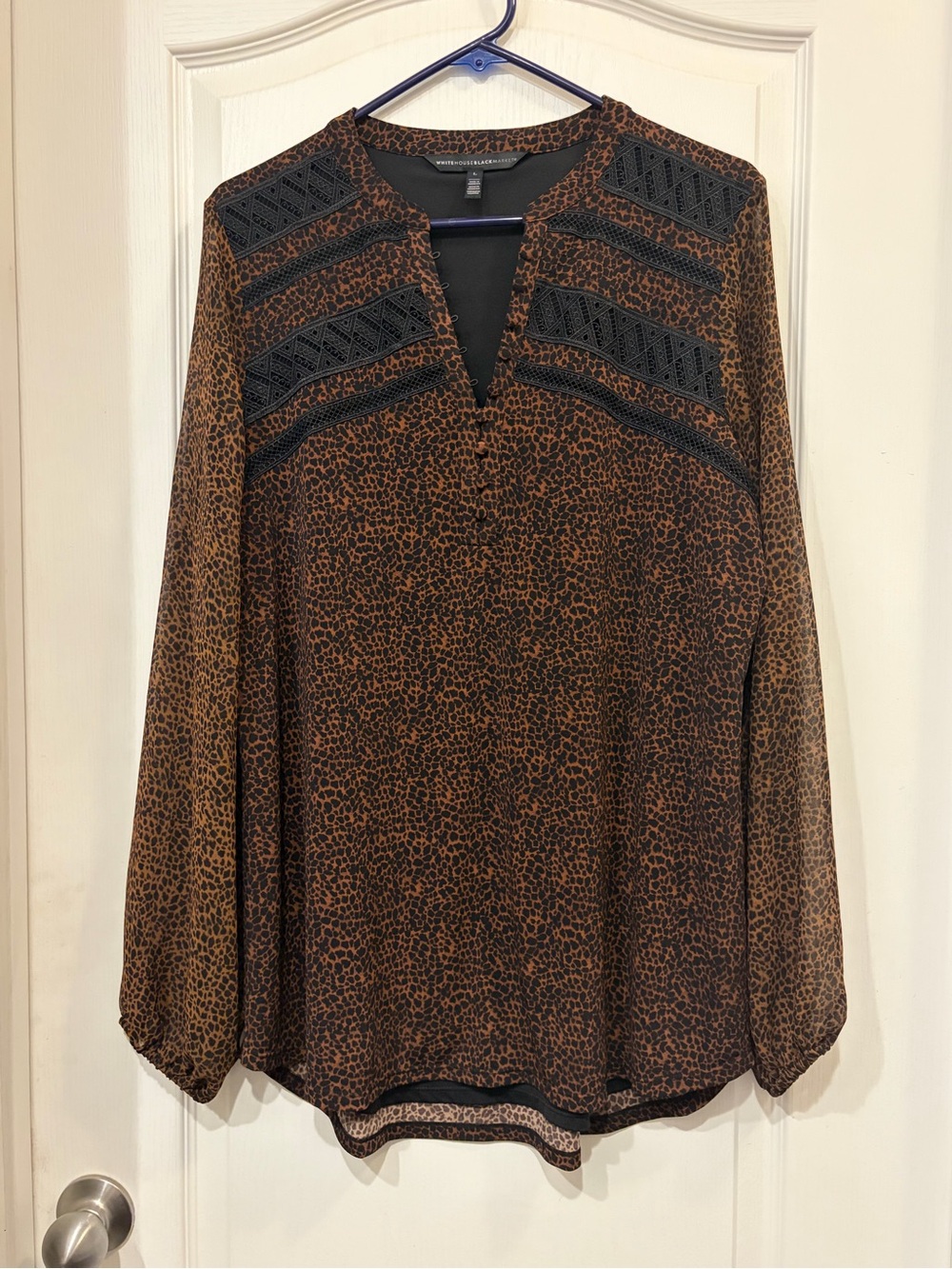 White House Black Market Brown Leopard Print Blouse with Black Lace Trim